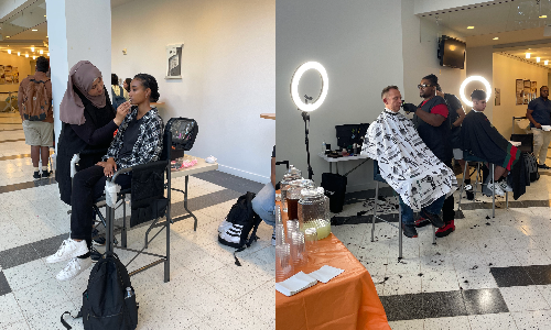 Students receiving makeup (left) and barber (right) services at the BLAST Off Week 2023 Career Prep Lab